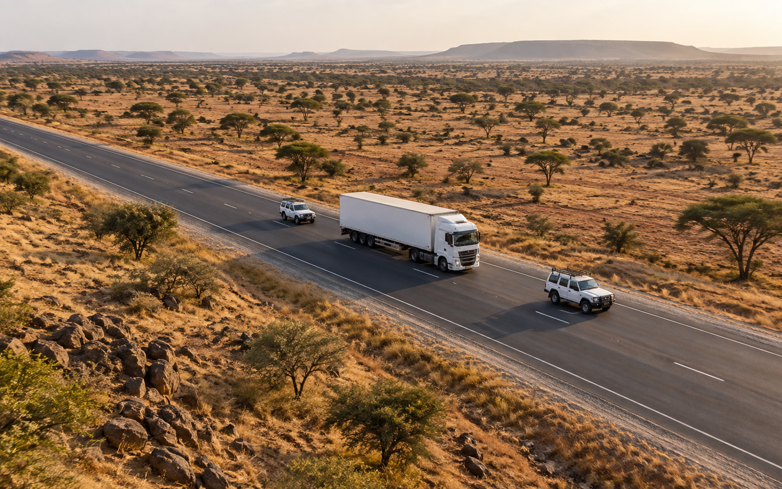 Illustration d’un camion et de véhicules utilitaires sur une route du Sahel